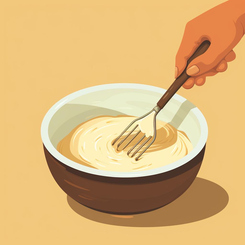 A hand stirring a batter with a wooden spoon.