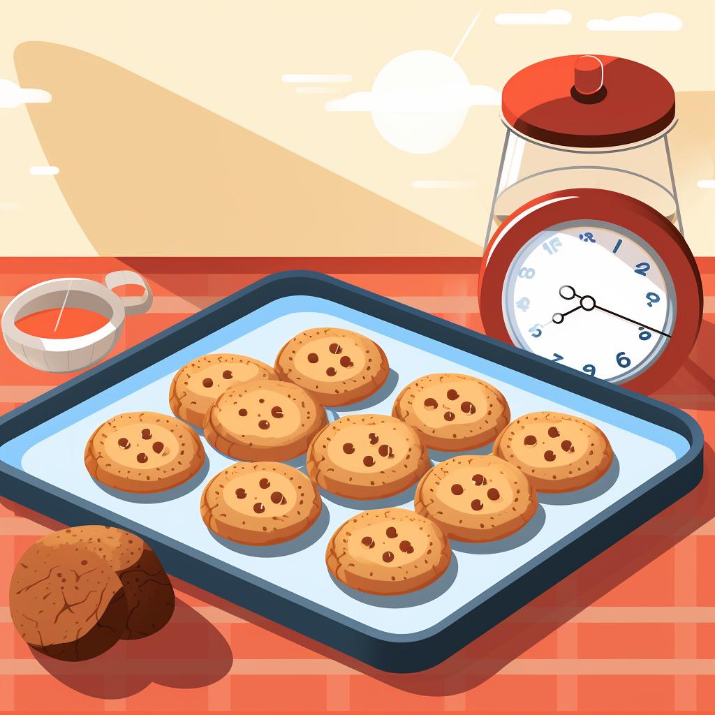 A timer next to a baking tray with cookies.