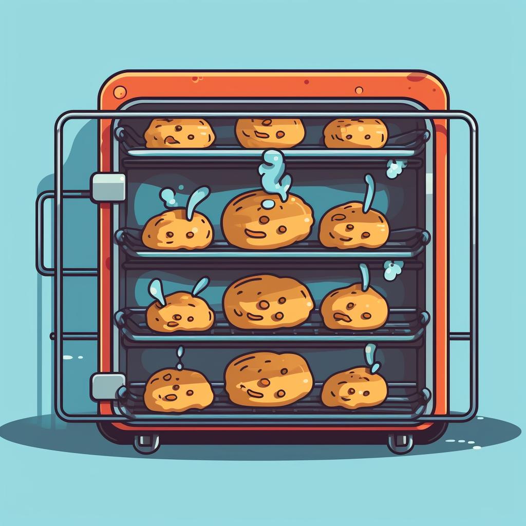 Cookies baking in the oven and then cooling on a wire rack