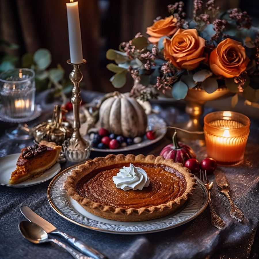 A beautifully baked gluten-free pumpkin pie on a festive table setting