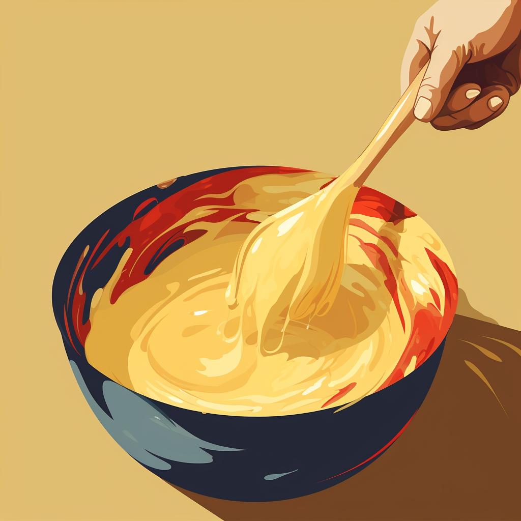 A hand mixing batter with a wooden spoon