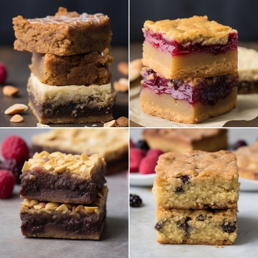A collage of five different gluten-free dessert bars, including Chocolate Chip Blondies, Lemon Bars, Peanut Butter Bars, Raspberry Crumb Bars, and Brownies, showcasing their delicious textures and flavors.
