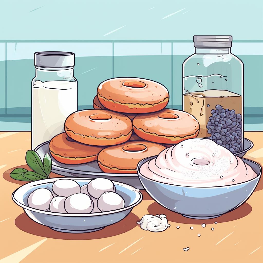 Ingredients for gluten-free donuts displayed on a kitchen counter.