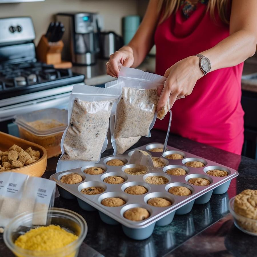 A variety of freshly baked gluten-free muffins on a cooling rack, with a kitchen scale, a bag of xanthan gum, and a spoonful of psyllium husk powder in the background. A person is gently mixing batter in a bowl, while a timer is set for 10-15 minutes to let the batter rest.