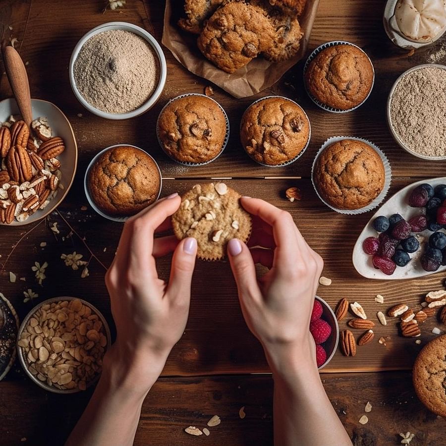 A variety of freshly baked gluten-free muffins on a wooden table, with different flour alternatives like almond, coconut, and oat flour in small bowls nearby. A person is carefully measuring ingredients, while another person is enjoying a delicious gluten-free muffin with a cup of coffee.