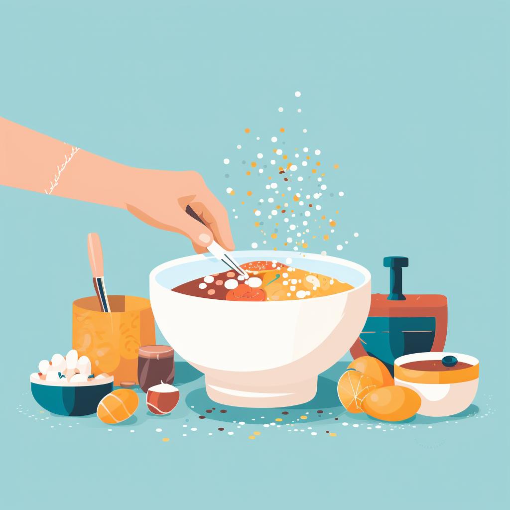 Hands mixing the ingredients in a bowl.