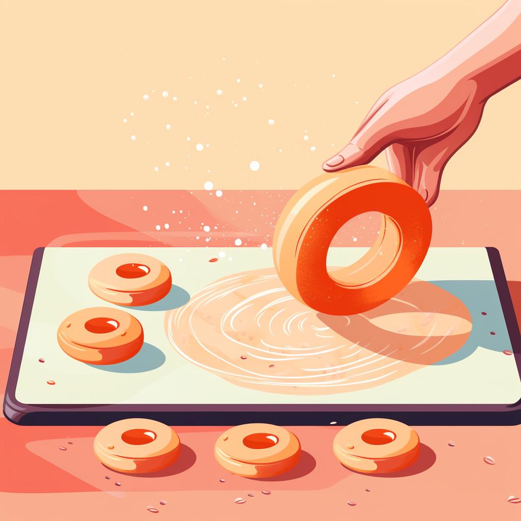 Dough being rolled out and cut into donut shapes