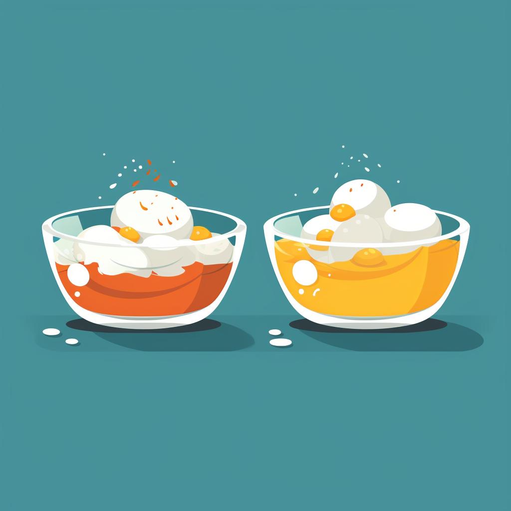 Separated egg whites and yolks in different bowls