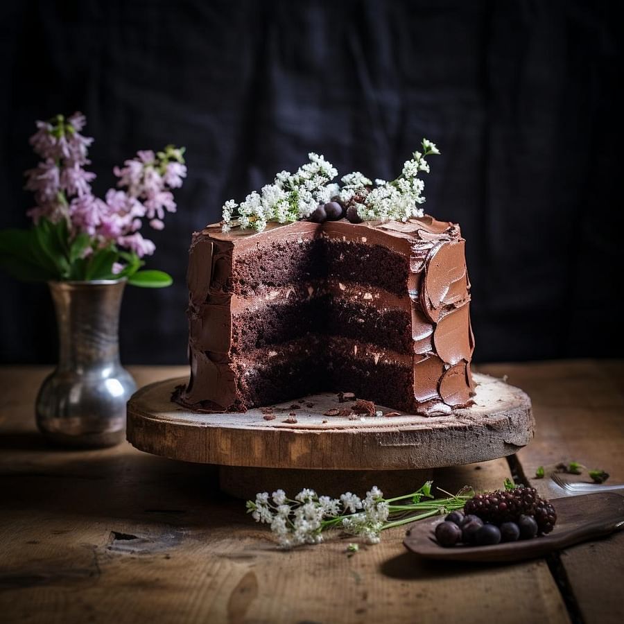A dairy-free and vegan gluten free chocolate cake on a rustic wooden table