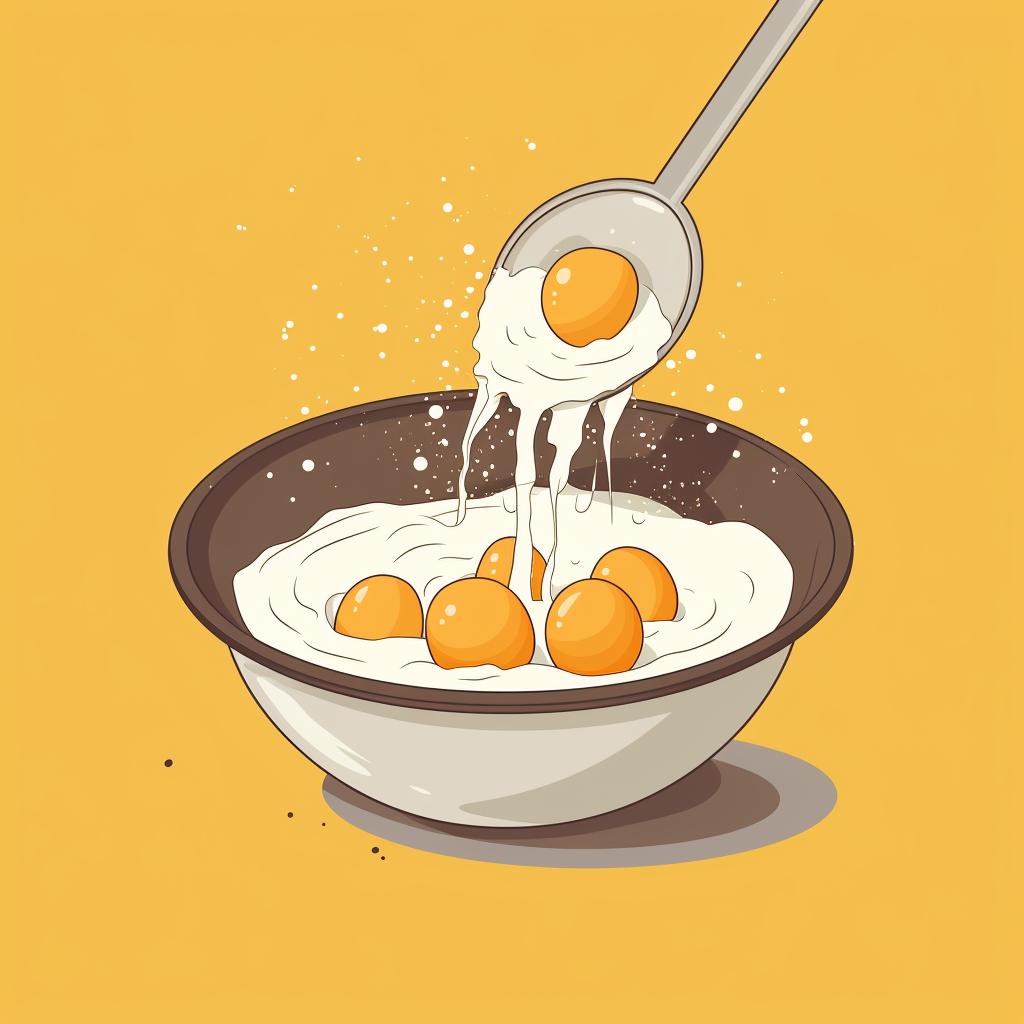 Egg and vanilla mixture being poured into the bowl of dry ingredients.