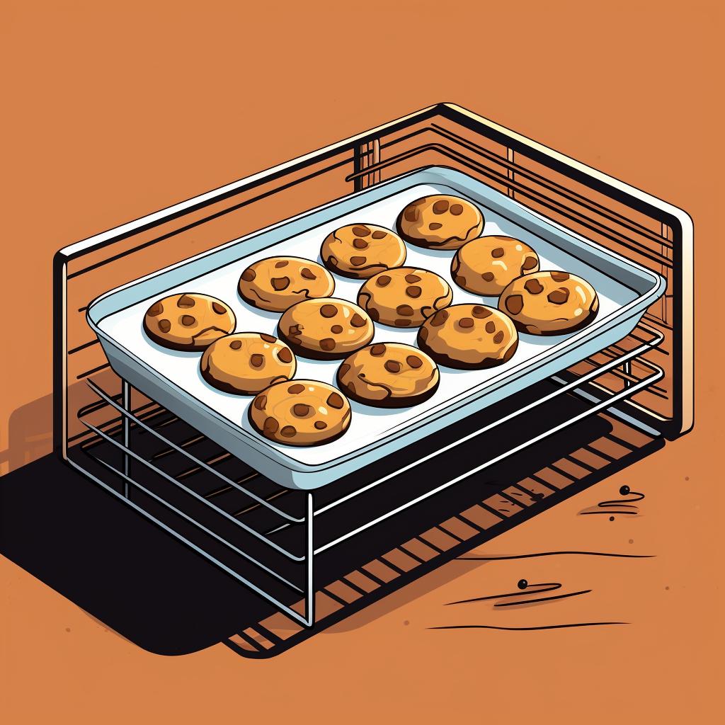 Cookies baking in the oven and then cooling on a wire rack.